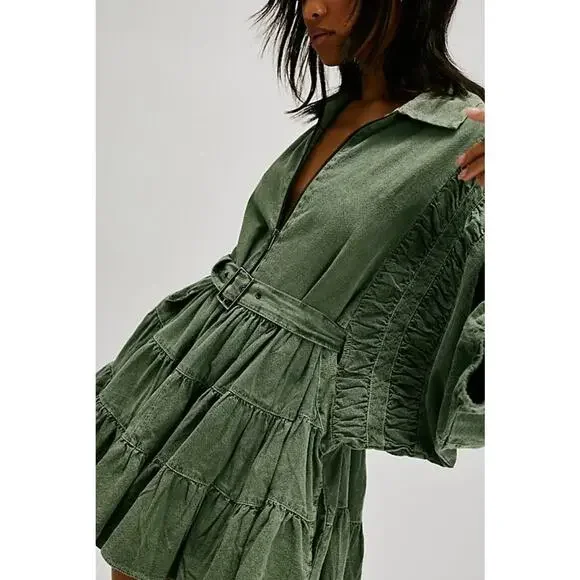 Free People Hampton Belted Mini Dress Crystal Kelp Cotton Size Medium NWOT Chic Mini